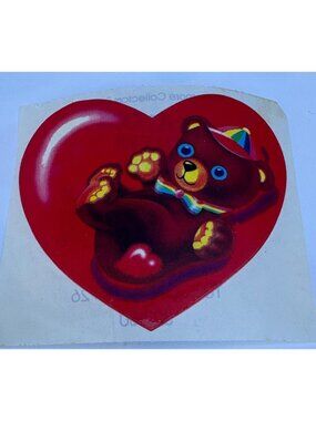 Vintage 1980's Lisa Frank Red Heart Teddy Bear Bow Hat Unused Sticker Ephemera